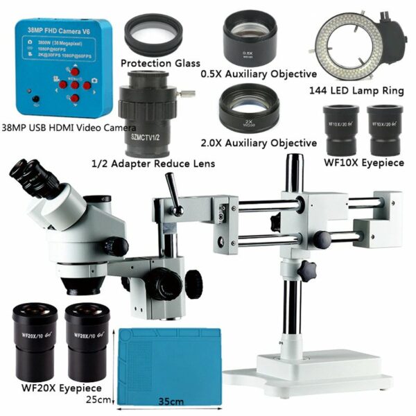 3.5-180X Mikroskop Stereo Trinokularni Double Stand +Videokamera 38MP 2K HDMI USB 144 LED světlo (White Set)